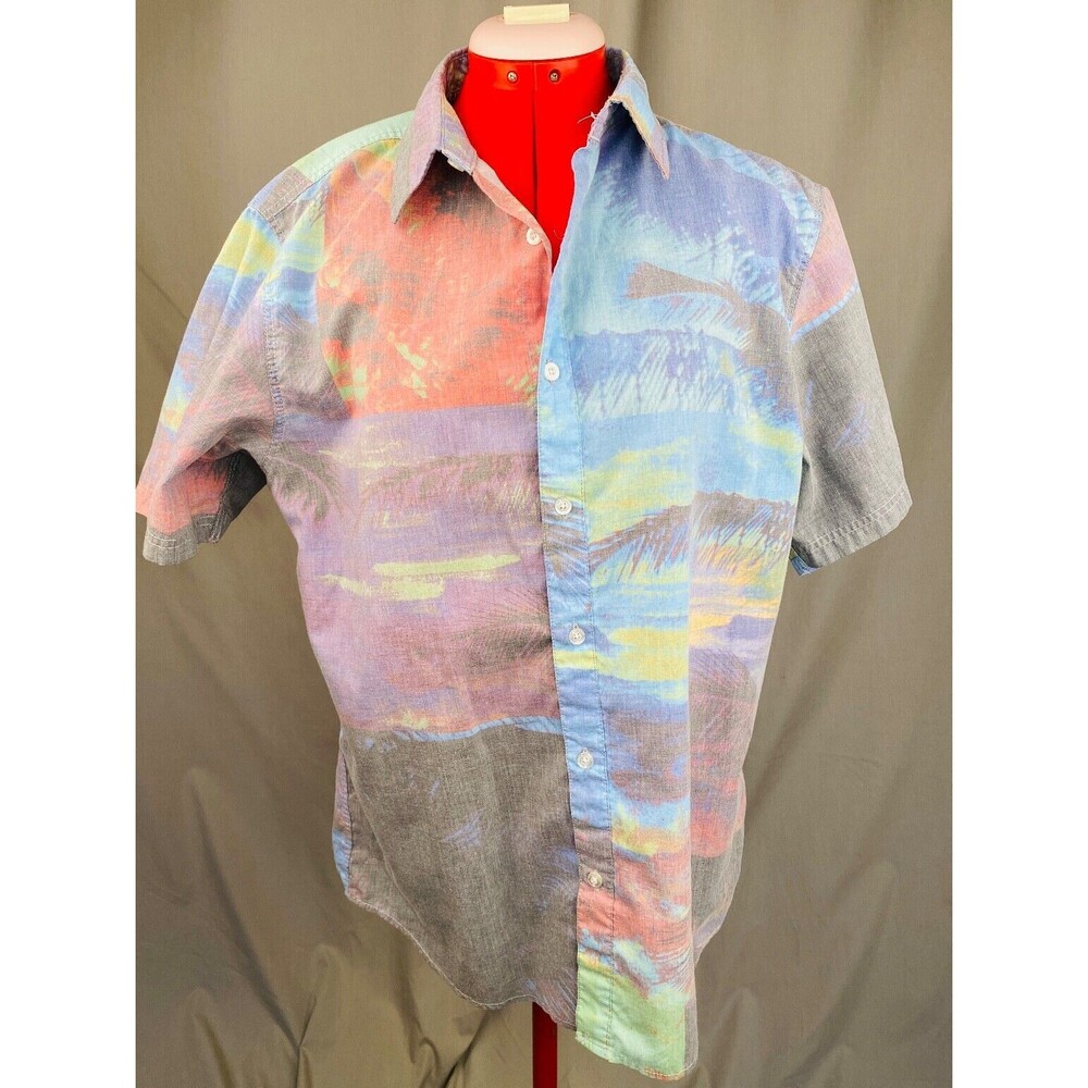 RARE Ocean Current Short Sleeve Button Up Shirt Faded Trippy Tree Sunset Beach M